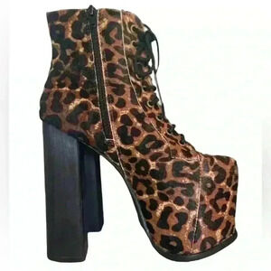 Jeffrey Campbell Womens Tan Leopard Print Lace-Up Platform Boots Size 7M
